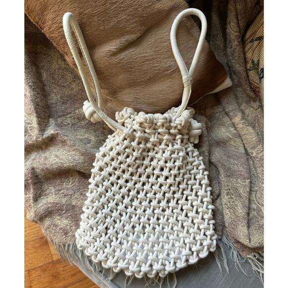 Clare V. Sandy Drawstring Clutch crocheted ivory cotton leather handles bag - Picture 2 of 16